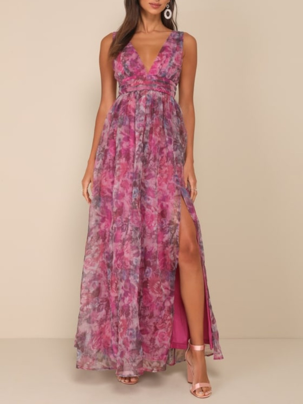 Lulus Garden Romance Magenta Floral Print Organza Maxi Dress Pink - Size L